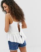 Asos Design Cami With Ruffle Hem And Tie Back-white