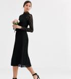 Tfnc Tall Bridesmaid High Neck Long Sleeve Pleated Midi Dress With Lace Inserts In Black