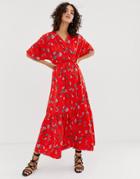 Vero Moda Floral Tiered Wrap Maxi Dress - Red
