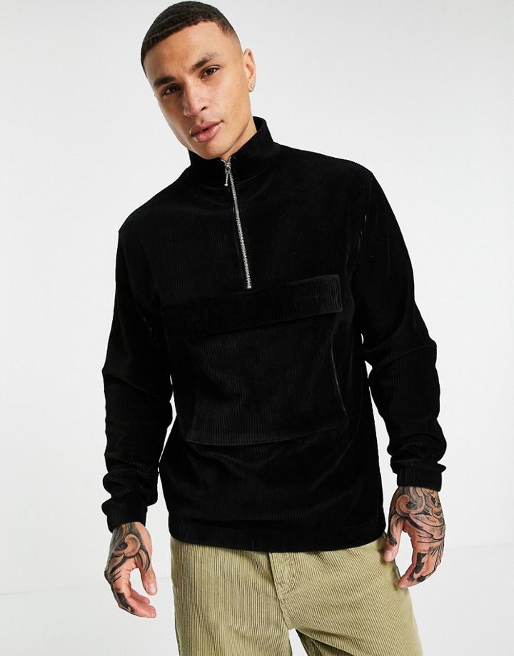 Asos Design Oversized Sweatshirt With Half Zip In Velour Cord - Part Of A Set-black