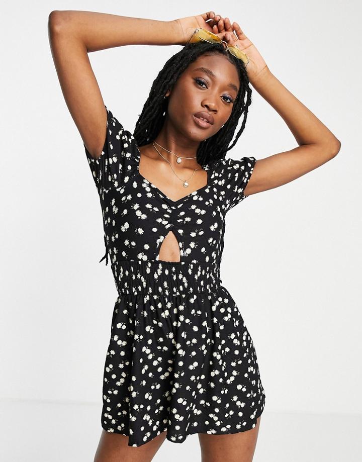 Miss Selfridge Cut-out Sweetheart Romper In Pacthwork Floral-black