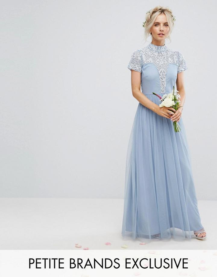 Maya Petite High Neck Cap Sleeve Embellished Maxi Dress - Blue
