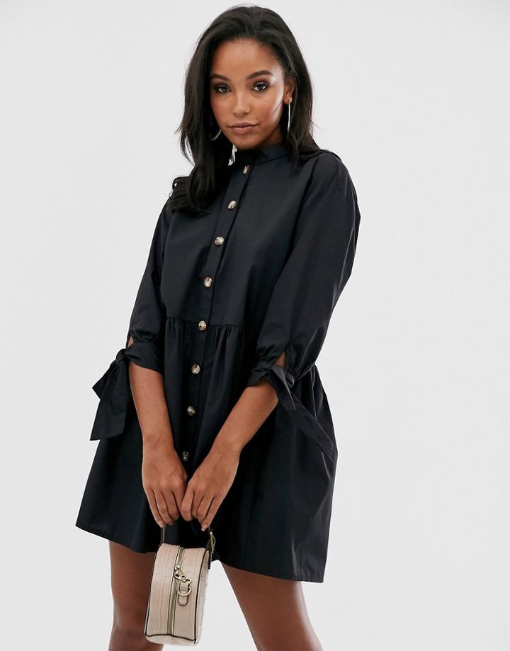 Asos Design Grandad Collar Button Through Mini Smock Dress With Tie Sleeve-black