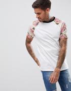 Asos Design T-shirt With Floral Printed Raglan Sleeves - White