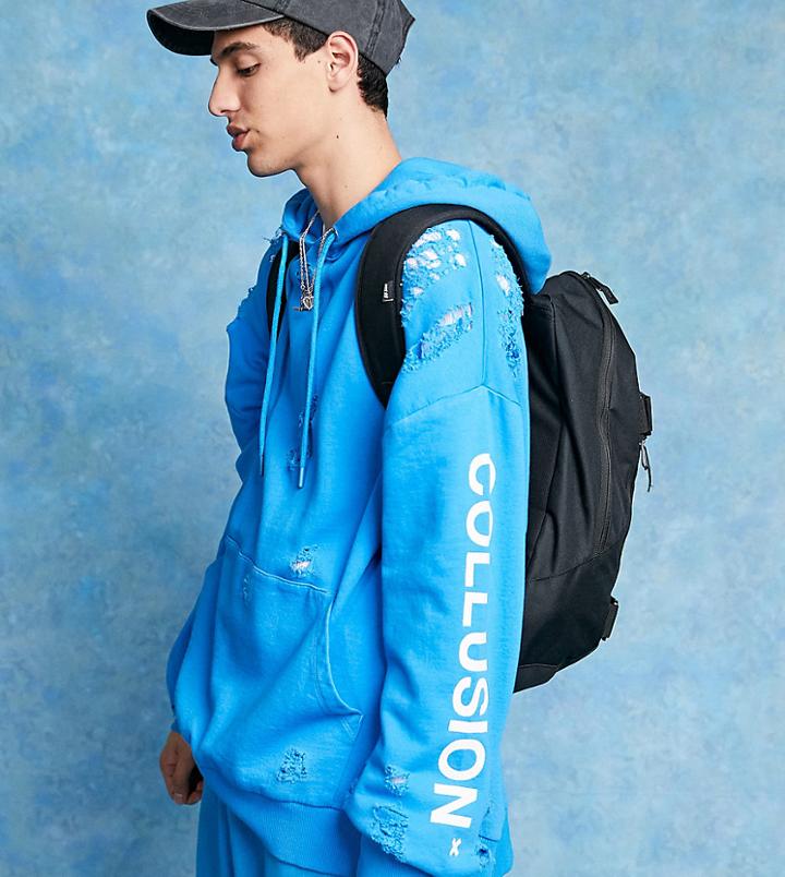 Collusion Oversized Ripped Logo Hoodie In Blue - Part Of A Set-blues