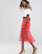 Asos Tulle Midi Skirt With Ruffle Detail - Orange