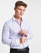 Asos Design Slim Fit Dress Shirt In Twill With Contrast Double Cuffs In Blue-blues