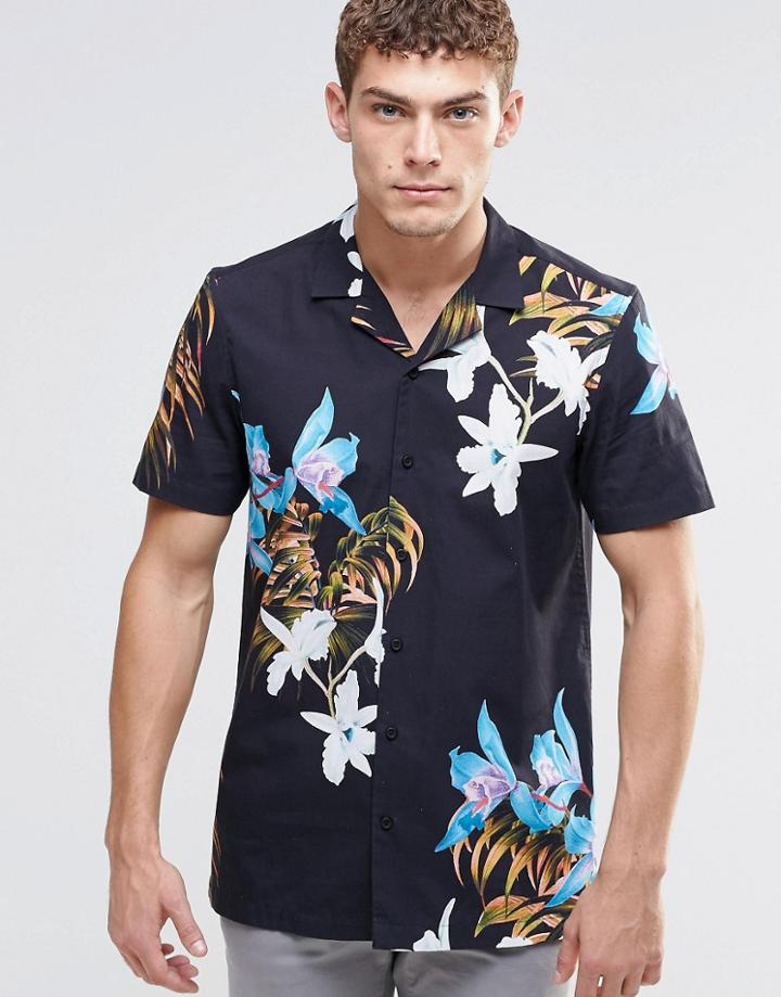 Asos Shirt In Hawiian Floral Print With Revere Collar In Regular Fit - Black