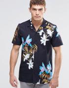 Asos Shirt In Hawiian Floral Print With Revere Collar In Regular Fit - Black