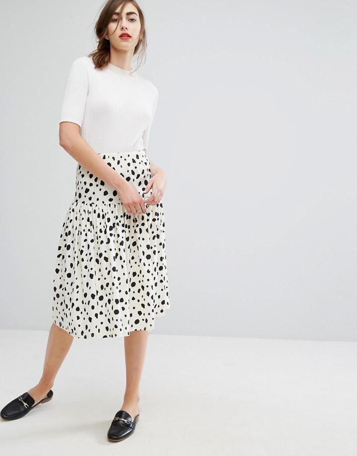 People Tree Organic Cotton Midi Skirt With Frill In Dalmatian Print - White