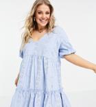 Asos Design Curve Broderie V Neck Smock Dress With Puff Sleeves In Cornflower Blue-white