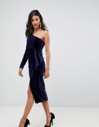Lavish Alice One Shoulder Midi Dress With Twist Detail In Velvet Sequin - Navy