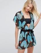 Asos Tropical Palm Print Mini Chiffon Beach Caftan - Multi