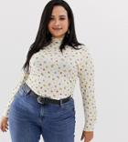 Asos Design Curve Top In Rib With Wide Sleeve In Ditsy Print - Multi