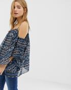 Qed London Cold Shoulder Top In Border Print - Multi