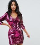Tfnc Petite Two Tone Sequin Mini Dress With Plunge Back - Pink