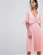 Asos Midi Dress With Pleat Skirt And Flutter Sleeve - Pink