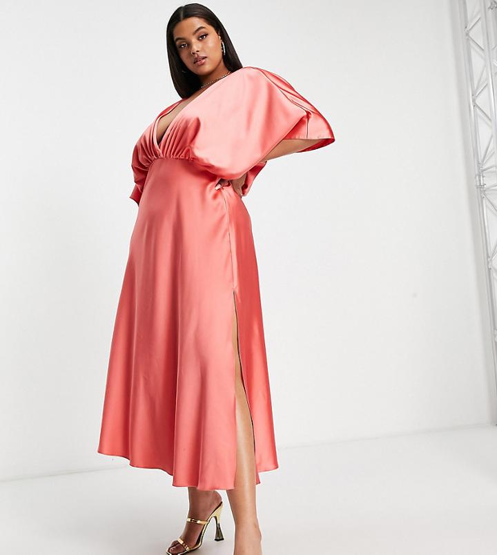 Asos Design Curve Wrap Front Batwing Sleeve Satin Midi Dress In Coral-pink