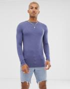 Asos Design Muscle Fit Long Sleeve T-shirt With Crew Neck In Blue Marl
