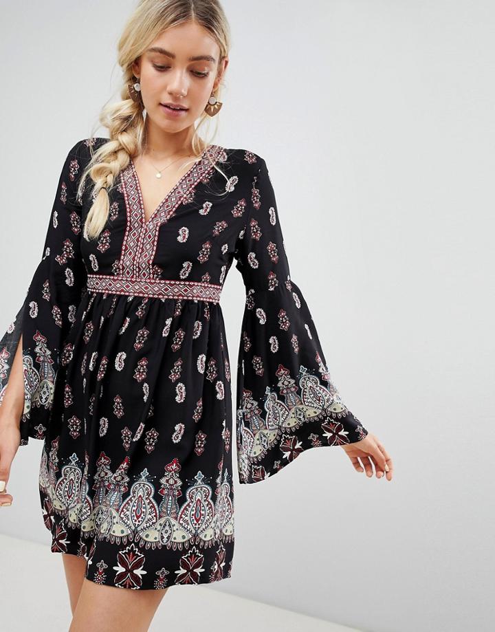 Lunik Border Print Smock Dress - Black