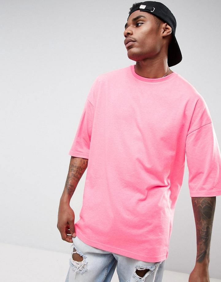 Asos Oversized T-shirt With Half Sleeve In Neon Pink - Pink