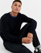 Threadbare Soft Touch Crew Neck Sweater With Taping-navy