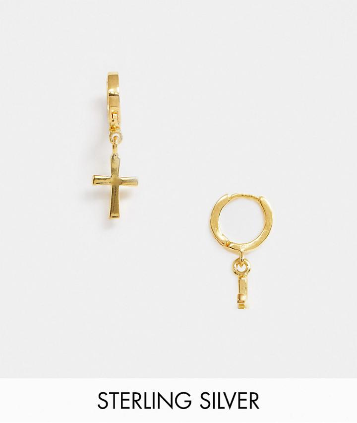 Asos Design Sterling Silver Hoop Earrings With Crosses And 14k Gold Plate