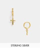 Asos Design Sterling Silver Hoop Earrings With Crosses And 14k Gold Plate