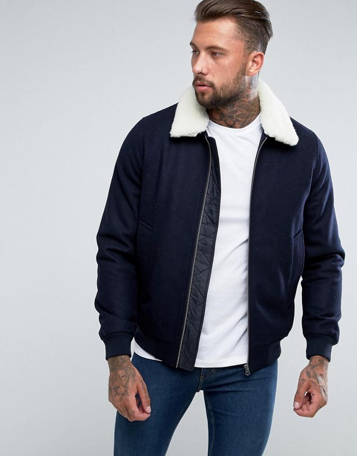 Asos Wool Mix Harrington Jacket With Fleece Collar In Navy - Navy