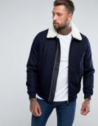 Asos Wool Mix Harrington Jacket With Fleece Collar In Navy - Navy