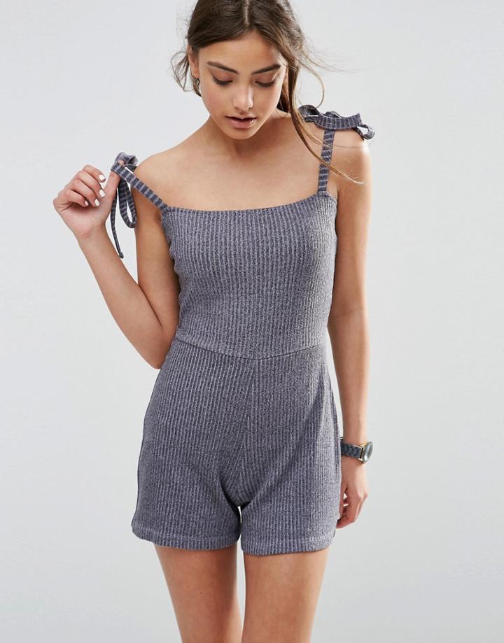 Asos Casual Rib Romper With Ties - Gray Marl