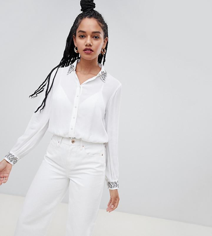 Miss Selfridge Embellished Collar Shirt In White