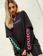 Asos Weekend Collective Oversized Double Layer T-shirt With Logo In Black