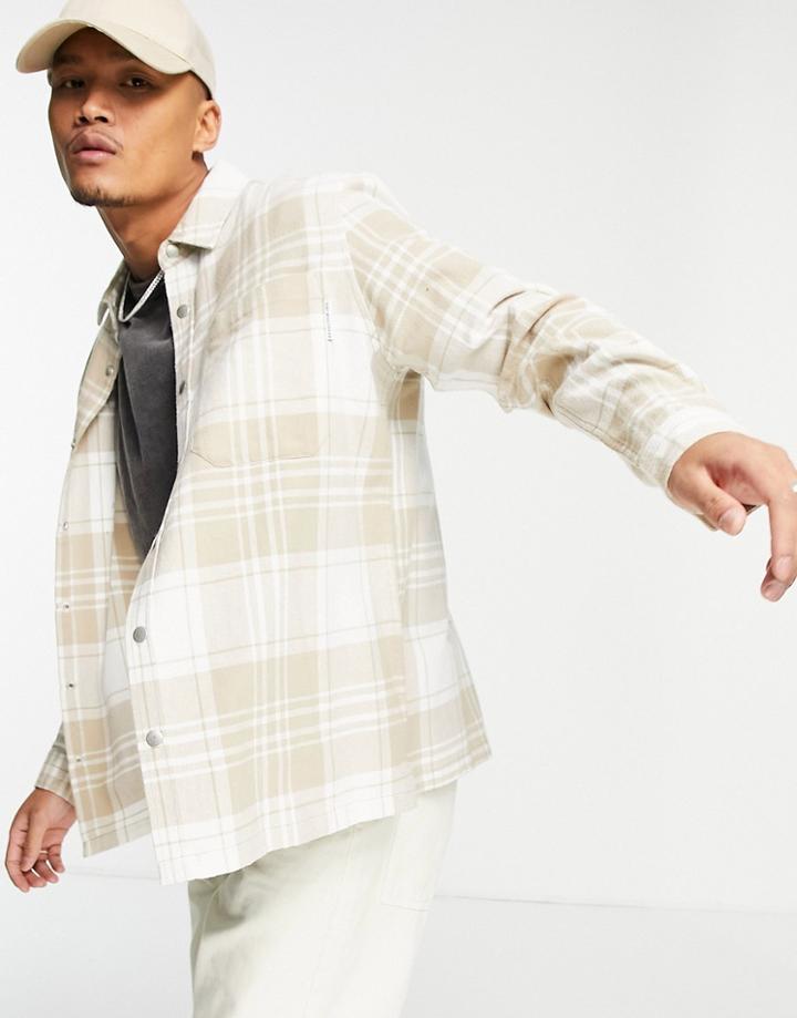 Topman Oversized Shirt In Stone Check-neutral