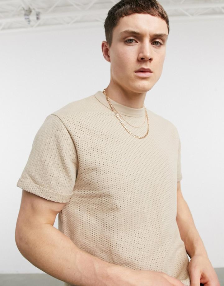 Asos Design T-shirt With Roll Sleeve In Beige Heavyweight Texture-neutral