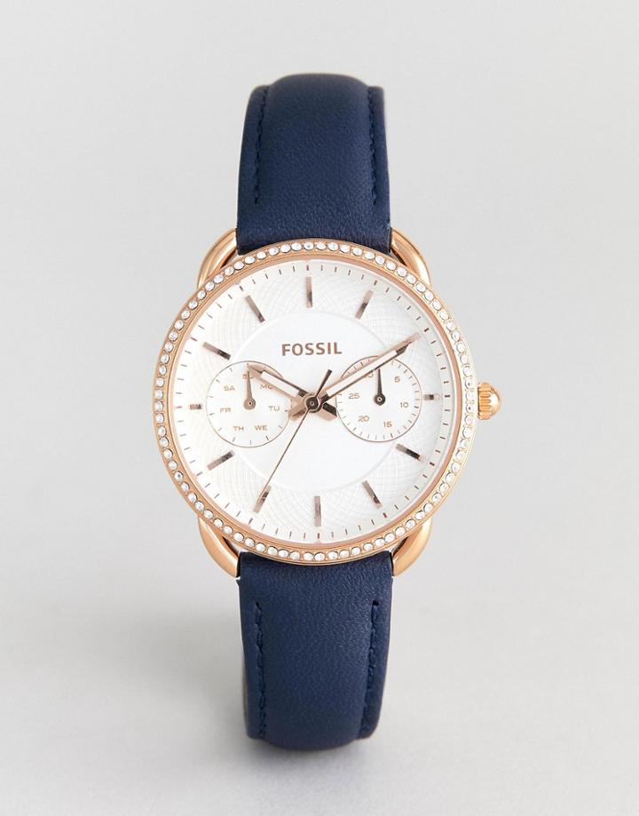 Fossil Es4394 Tailor Navy Leather Watch In Rose Gold - Navy