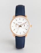 Fossil Es4394 Tailor Navy Leather Watch In Rose Gold - Navy