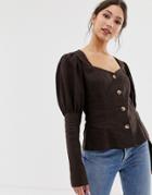 Asos Design Long Sleeve Sweetheart Neck Top In Linen With Contrast Buttons-brown