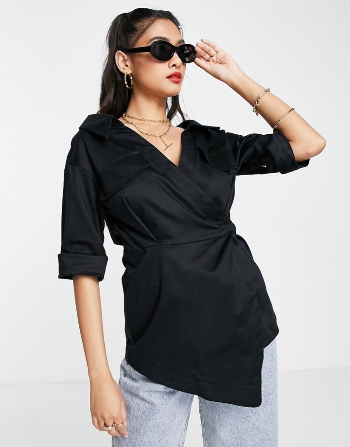 Topshop Premium Utility Wrap Shirt In Black