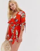 Influence Wrap Romper With Puff Tie Sleeve In Red Floral - Orange
