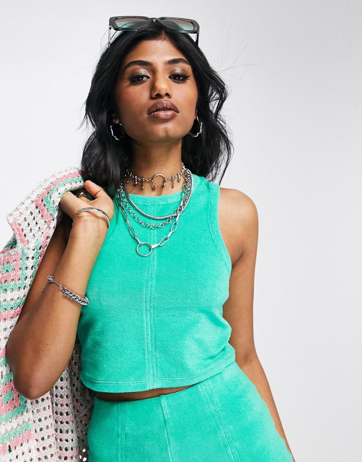 Topshop Seam Front Towelling Racer Crop Top In Green - Part Of A Set