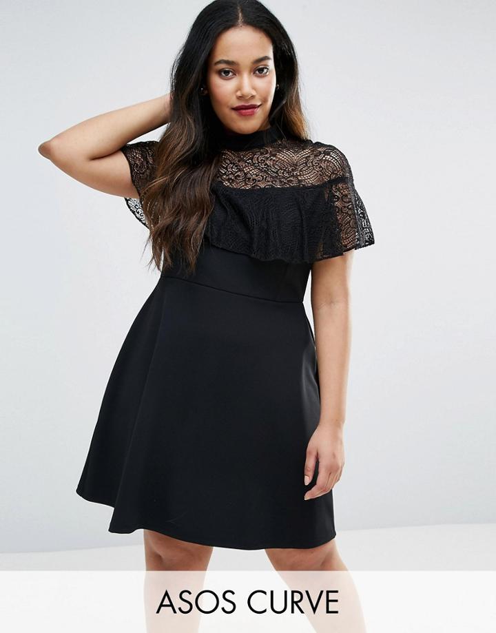 Asos Curve High Neck Dress With Lace Frill Detail - Black