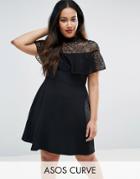 Asos Curve High Neck Dress With Lace Frill Detail - Black