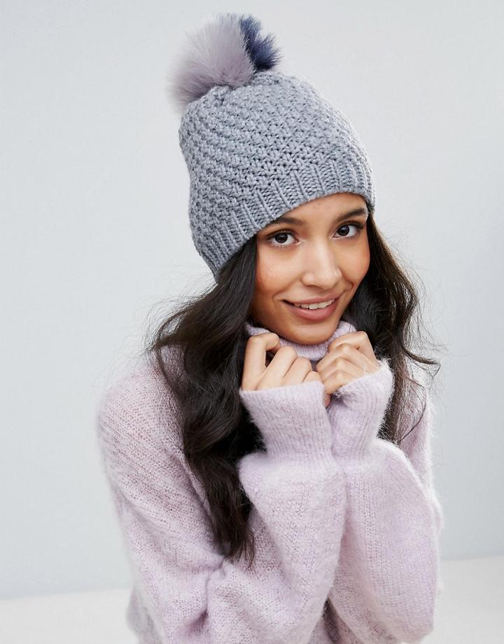 Boardmans Knitted Beanie Hat With Contrast Stripe Pom Pom - Gray