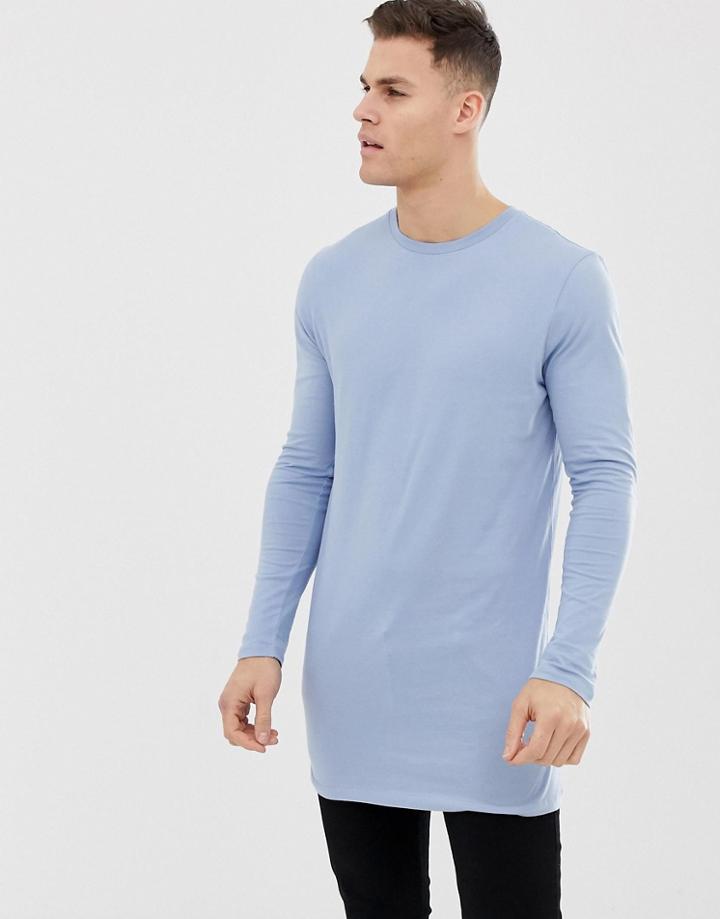 Asos Design Super Longline Long Sleeve T-shirt In Blue