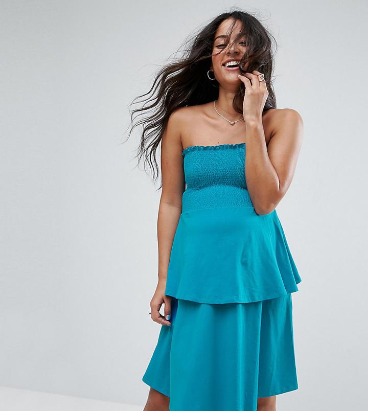 Asos Maternity Bandeau Shirred Mini Sundress With Peplum Hem - Multi