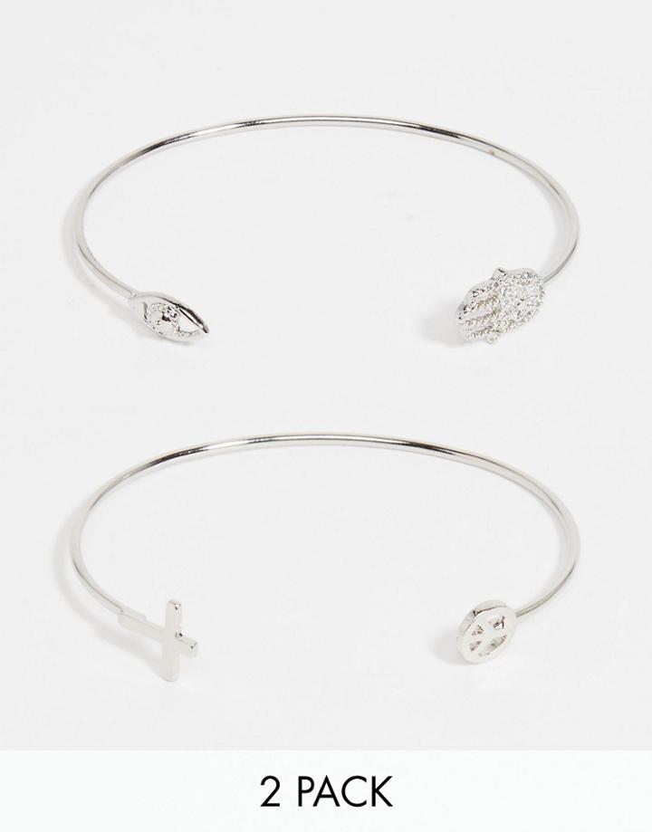 Asos Pack Of 2 Festival Charm Cuff Bracelets - Antique Silver