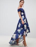 Chi Chi London Satin Midi Dress With Extreme High Low In Floral - Navy