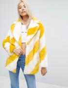 Jakke Mid Length Faux Fur Coat In Stripe - Yellow
