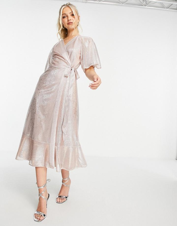 Style Cheat Metallic Flutter Sleeve Wrap Midi Dress In Champagne Glitter-gold